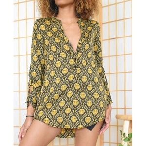 ZARA | Designer Inspo Printed Retro Pattern Button Up Henley Long Sleeve Blouse